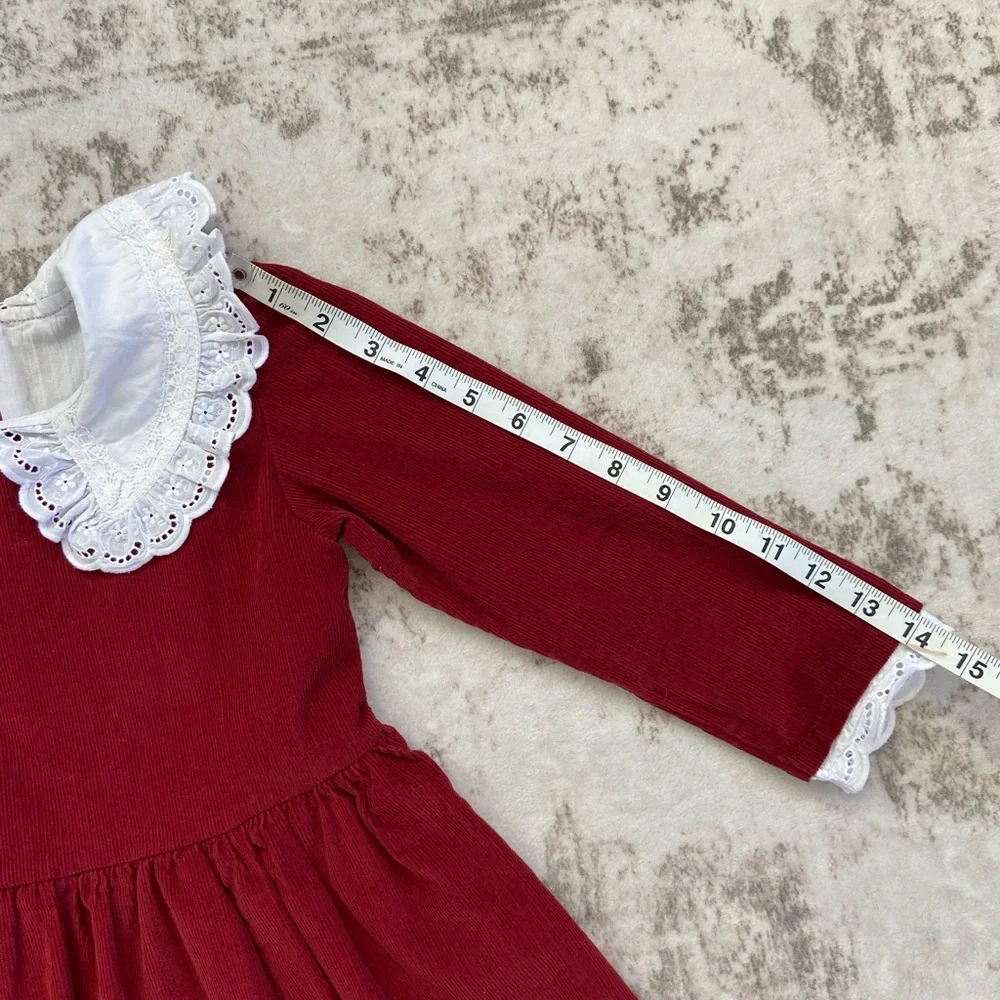 La Coqueta 6Y Girl’s Red Corduroy Dress with White Lace Collar - Picture 7 of 13